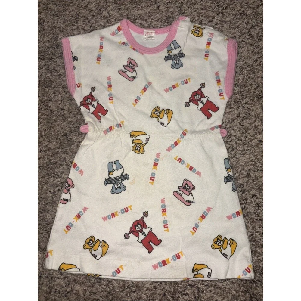 Vintage 80s Baby Dress Bears Rainbow Workout 6-12m Infant Retro Nostalgic
